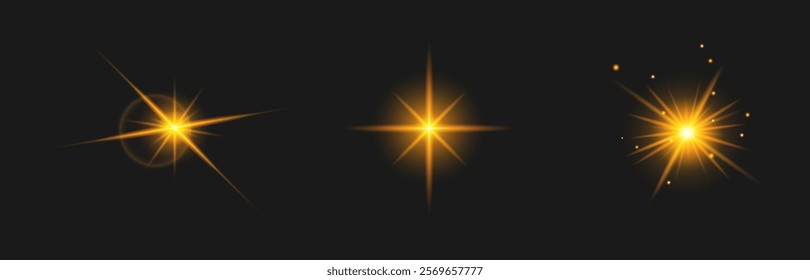 Dynamic glowing light effects with radiant starbursts and sparkling particles. Bright golden flares on dark background create a stunning atmospheric design, ideal for festive visuals or cosmic themes.