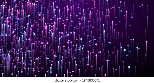 Dynamic glowing line beams speed motion vector. Geometric neon purple light elements. Information technology lines movement visual illustration. Speed motion complex background.