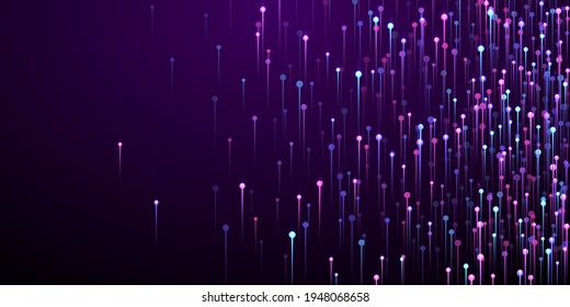 Dynamic glowing line rays fiber optics vector. Tech neon purple light elements. Business lines movement visual illustration. Fiber optics modern background.