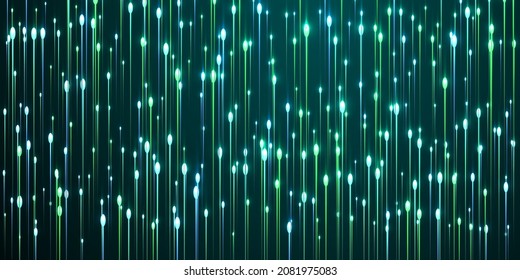 Dynamic glowing line rays fiber optics concept. Tech neon teal radiance particles. Electronic industry lines shift up visual wallpaper. Fiber optics progressive backdrop.