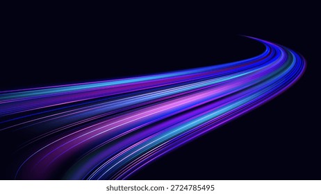 Listras dinâmicas de luz neon brilhantes curvando-se pelo espaço escuro, representando internet de fibra óptica de alta velocidade, transferência de grandes dados e conectividade digital futurista.