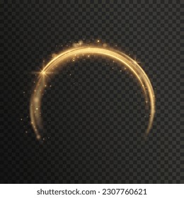 Dynamic gold lines with glow effect. Rotating shiny semi-rings. Abstract sparkling swirl, wave.