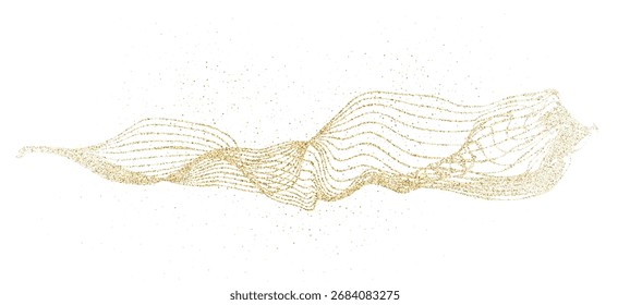 Fluxo pontilhado de ouro dinâmico, padrão de partículas onduladas. Abstrato dourado curvo tracejado gradiente líquido. Ondas mais brilhantes com efeitos de brilho. Vetor pontilhado fluido onda linha fundo para projeto de férias