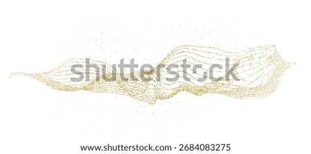 Dynamic gold stipple flow, particle undulate pattern. Abstract golden curved dashed gradient net. Shimmer waves with shine effects. Vector dotted fluid wave line background for holiday design