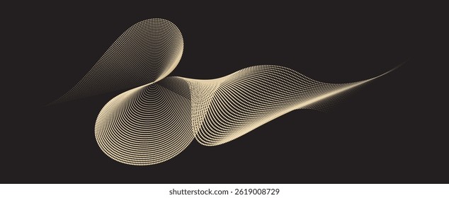 Ondas de pontos dourados dinâmicos, onda de partícula fluente: pontos de meio-tom abstratos em fundo escuro.
