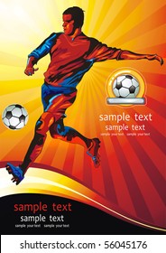 Dynamic golden football player. Soccer Action Player on beautiful Abstract Background. Original Classical illustration sports poster.
