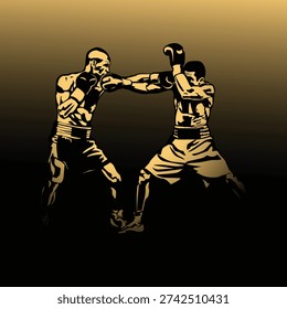 Dynamic golden illustration of two professional boxers sparring on a dark background