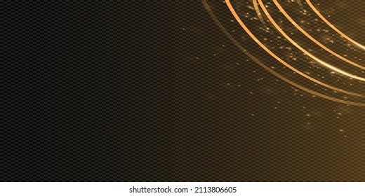 Dynamic golden lines with glow effect. Rotating shiny rings on a transparent background. Golden glowing neon arc with dust and glare.