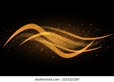 Dynamic golden lines, waves with bokeh glow effect. ash dust and blensk on a black background