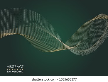 	
Dynamic golden particles sound wave flowing over dark green background. Lights vector abstract background. Beautiful wave shaped array of dots.