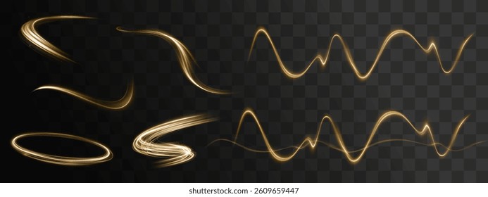 Dynamic golden swirl of light with sparkling particles, circular energy flow, and elegant neon flares. Glowing twirl effect evokes motion, power, and festive brilliance in a futuristic style