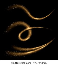 Dynamic golden trail. Glittering trace of star dust. Vector motion elements