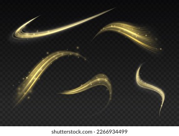 Dynamic golden waves. Luminous gold lines of speed. Twist with sparkle dust. Yellow glowing motion line. Light sparkling effect. Magic speed flying trails of shine, bright shimmer particles fly Vector