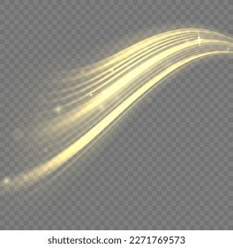Olas doradas dinámicas. Luminosas líneas de velocidad de oro. Giro con polvo espumoso. Línea de movimiento amarillo brillante. Efecto espumoso claro. Rayos voladores de velocidad mágica de brillo, partículas brillantes volando Vector