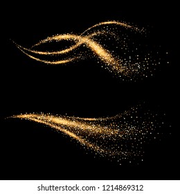 Dynamic golden waves with small particles. Shimmering star dust trail. Abstract motion. Magic swirl lines