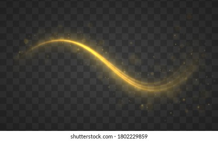 Dynamic golden waves with small parts on transparent background. Yellow dust. Golden line with light effect. Bokeh effect. Dust of yellow sparks and stars shine with a special light. Vector.