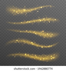 Dynamic golden waves with small parts. The yellow sparks and stars shine. Shiny golden glittering stream. Yellow dust. Glowing splash effect. Star dust trail sparkling particles. Vector illustration.