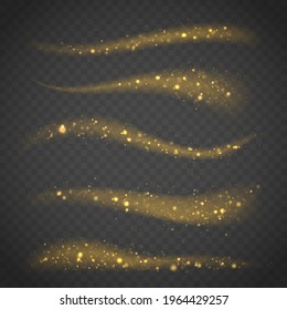 Dynamic golden waves with small parts. The yellow sparks and stars shine. Shiny golden glittering stream. Yellow dust. Glowing splash effect. Star dust trail sparkling particles. Vector illustration.