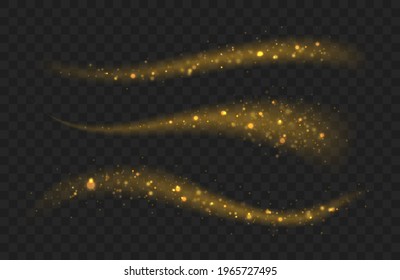 Dynamic golden waves with small parts. The yellow sparks and stars shine. Shiny golden glittering stream. Yellow dust. Glowing splash effect. Star dust trail sparkling particles. Vector illustration.