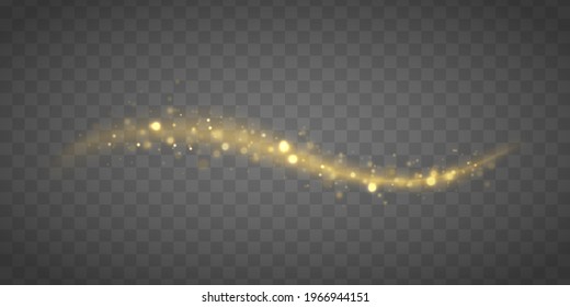 Olas dinámicas doradas con partes pequeñas. Las chispas amarillas y las estrellas brillan. Brillante corriente dorada brillante. Polvo amarillo. Efecto de salpicadura brillante. Pista de polvo de estrella que esparce partículas. Ilustración vectorial.
