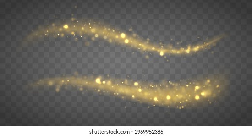 Dynamic golden waves with small parts. The yellow sparks and stars shine. Shiny golden glittering stream. Yellow dust. Glowing splash effect. Star dust trail sparkling particles. Vector illustration.