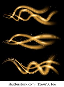 Dynamic golden waves with sparkles on black background. Magic vortex lines with light effect. Abstract motion of particles. Vector illustration