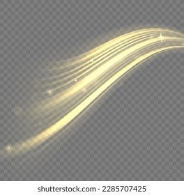 Dynamic golden waves. Twist with sparkle dust. Yellow glowing motion line. Light sparkling effect. Luminous gold lines of speed. Magic speed flying trails of shine, bright shimmer particles fly Vector