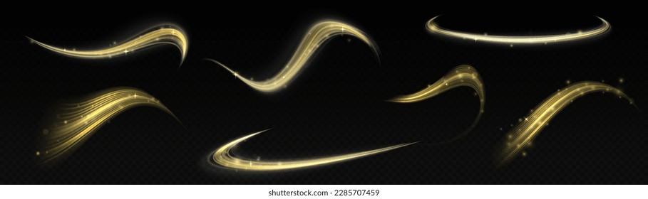 Olas doradas dinámicas. Giro con polvo espumoso. Línea de movimiento amarillo brillante. Efecto espumoso claro. Luminosas líneas de velocidad de oro. Rayos voladores de velocidad mágica de brillo, partículas brillantes volando Vector