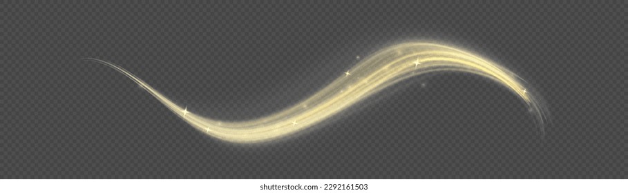 Dynamic golden waves. Twist with sparkle dust. Yellow glowing motion line. Light sparkling effect. Luminous gold lines of speed. Magic speed flying trails of shine, bright shimmer particles fly Vector