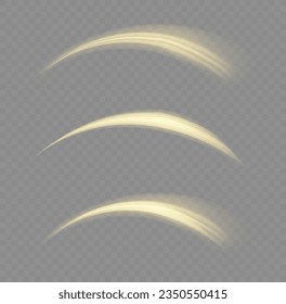Dynamic golden waves. Twist with sparkle dust. Yellow glowing motion line. Light sparkling effect. Luminous gold lines of speed. Magic speed flying trails of shine, bright shimmer particles fly Vector