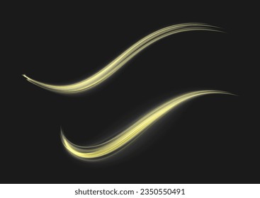 Dynamic golden waves. Twist with sparkle dust. Yellow glowing motion line. Light sparkling effect. Luminous gold lines of speed. Magic speed flying trails of shine, bright shimmer particles fly Vector