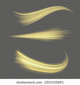 Dynamic golden waves. Twist with sparkle dust. Yellow glowing motion line. Light sparkling effect. Luminous gold lines of speed. Magic speed flying trails of shine, bright shimmer particles fly Vector