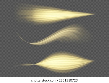 Dynamic golden waves. Twist with sparkle dust. Yellow glowing motion line. Light sparkling effect. Luminous gold lines of speed. Magic speed flying trails of shine, bright shimmer particles fly Vector