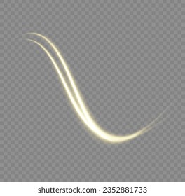 Dynamic golden waves. Twist with sparkle dust. Yellow glowing motion line. Light sparkling effect. Luminous gold lines of speed. Magic speed flying trails of shine, bright shimmer particles fly Vector