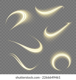 Dynamische goldene Wellen. Gelbe glühende Bewegungslinie. Leuchtende goldene Geschwindigkeitslinien. Lichtfunkelnde Wirkung. Zaubergeschwindigkeit fliegende Pfade glänzender, heller Schimmer-Partikel fliegen. Vektorgrafik.