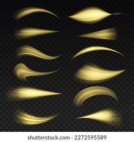 Dynamic golden waves. Yellow glowing motion line. Luminous gold lines of speed. Light sparkling effect. Magic speed flying trails of shine, bright shimmer particles fly. Vector illustration.