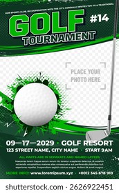 Dynamic golf tournament poster template with ball, metal club, lightning and grungy elements and place for your photo - vector illustration