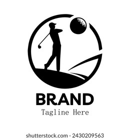 Dynamic golfer mid-swing, ball in flight. Brand Logo. Sport Logo