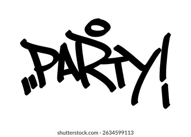 A dynamic graffiti art piece boldly announces the word "Party!", exuding an energetic vibe through its stylized lettering and expressive brushstrokes. 