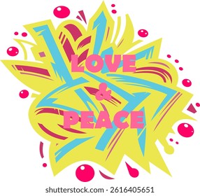 Dynamic graffiti logo-style illustration featuring the phrase LOVE and PEACE in bold, vibrant letters against a striking splash background of yellow, blue, and pink elements. 