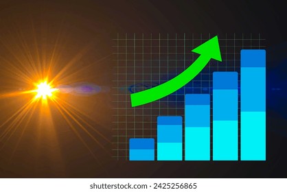 Dynamic graphic chart featuring upward-floating green arrows against a black background