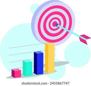 A dynamic graphic of a dart hitting the bullseye on a target, with a growth bar chart in the foreground, depicting measurable success in business. Vector illustrator. 