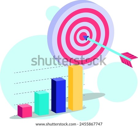 A dynamic graphic of a dart hitting the bullseye on a target, with a growth bar chart in the foreground, depicting measurable success in business. Vector illustrator. 
