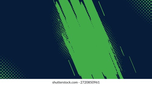 Un Diseño gráfico dinámico con pinceladas verdes abstractas y audaces y puntos semitonos superpuestos a un fondo azul marino profundo, creando una composición visual moderna y energética adecuada para