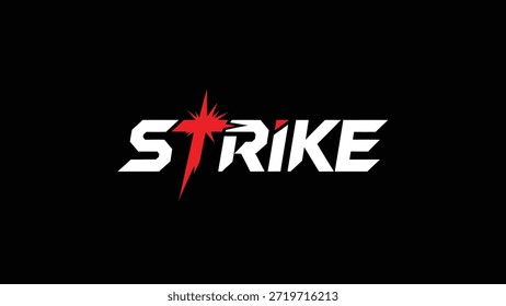 A dynamic graphic design featuring the word STRIKE in bold white typography. A vibrant red starburst or explosion graphic is integrated into the