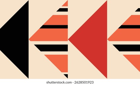 Dynamic graphic of directional shapes in black, red, and orange. Eye-catching geometric layout on beige background with bold visual flow.