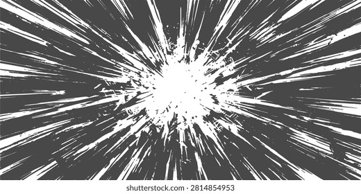 Dynamic graphic element featuring a radial explosion pattern with a grunge texture. Ideal for representing impact energy or sudden event in design projects.