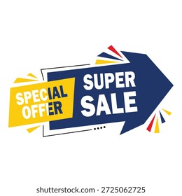 Un gráfico dinámico con una flecha azul con texto blanco que dice 'SUPER SALE' y un cuadro amarillo con texto azul 'OFERTA ESPECIAL', rodeado de Elementos de diseño rojos, amarillos y azules en una parte posterior blanca limpia