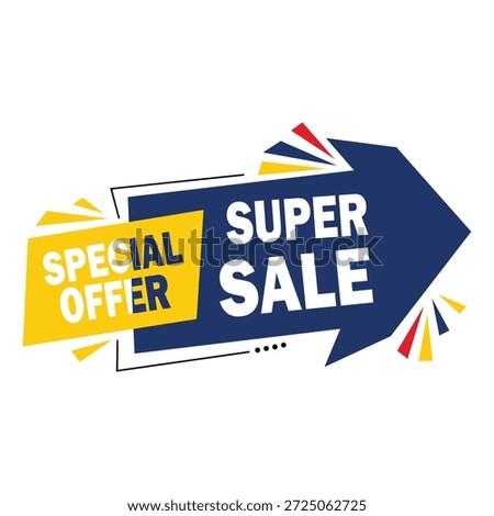 A dynamic graphic featuring a blue arrow with white text reading 'SUPER SALE' and a yellow box with blue text 'SPECIAL OFFER', surrounded by red, yellow, and blue design elements on a clean white back