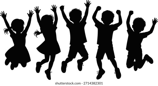 Un gráfico dinámico con cinco niños como siluetas negras, saltando alegremente con las manos llegando al cielo, representando la felicidad y el movimiento.